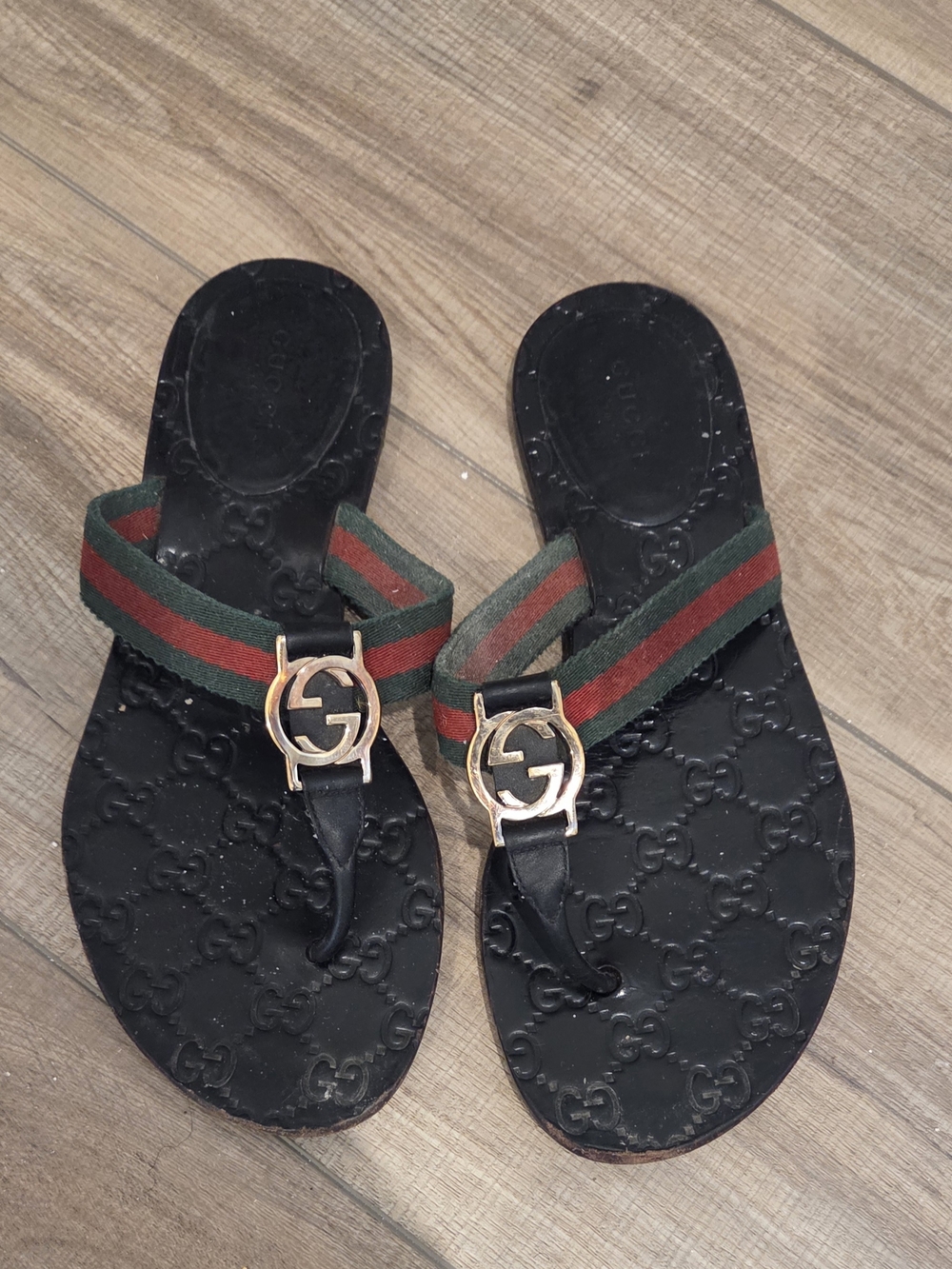 Gucci Black Sandals with Red & Green Web Straps and Gold GG Hardware